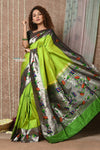 Tyohaar ~ Handloom Pure Silk Muniya Border Paithani Saree with Handcrafted Lotus Asawali Pallu ~ Dual Tone Leaf Green - verymuchindian.com