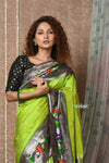 Tyohaar ~ Handloom Pure Silk Muniya Border Paithani Saree with Handcrafted Lotus Asawali Pallu ~ Dual Tone Leaf Green - verymuchindian.com