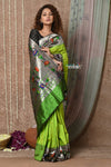 Tyohaar ~ Handloom Pure Silk Muniya Border Paithani Saree with Handcrafted Lotus Asawali Pallu ~ Dual Tone Leaf Green - verymuchindian.com