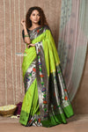 Tyohaar ~ Handloom Pure Silk Muniya Border Paithani Saree with Handcrafted Lotus Asawali Pallu ~ Dual Tone Leaf Green - verymuchindian.com