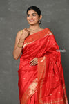 Tyohaar ~ Handloom Pure Silk Muniya Border Paithani Saree with Handcrafted Lotus Pallu ~ Red - verymuchindian.com