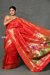 Tyohaar ~ Handloom Pure Silk Muniya Border Paithani Saree with Handcrafted Lotus Pallu ~ Red - verymuchindian.com