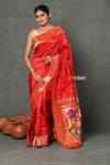 Tyohaar ~ Handloom Pure Silk Muniya Border Paithani Saree with Handcrafted Lotus Pallu ~ Red - verymuchindian.com