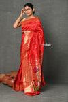 Tyohaar ~ Handloom Pure Silk Muniya Border Paithani Saree with Handcrafted Lotus Pallu ~ Red - verymuchindian.com