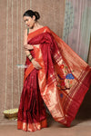 Tyohaar ~ Handloom Pure Silk Muniya Border Paithani Saree with Handcrafted Peacock Pallu ~ Vintage Maroon - verymuchindian.com