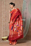 Tyohaar ~ Handloom Pure Silk Muniya Border Paithani Saree with Handcrafted Peacock Pallu ~ Vintage Maroon - verymuchindian.com