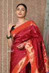 Tyohaar ~ Handloom Pure Silk Muniya Border Paithani Saree with Handcrafted Peacock Pallu ~ Vintage Maroon - verymuchindian.com