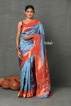 Tyohaar ~ Handloom Pure Silk Muniya Border Paithani Saree with Traditional Double Pallu Pallu ~ Dual Tone Blue Grey - verymuchindian.com
