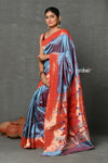 Tyohaar ~ Handloom Pure Silk Muniya Border Paithani Saree with Traditional Double Pallu Pallu ~ Dual Tone Blue Grey - verymuchindian.com