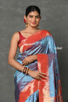 Tyohaar ~ Handloom Pure Silk Muniya Border Paithani Saree with Traditional Double Pallu Pallu ~ Dual Tone Blue Grey - verymuchindian.com