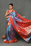 Tyohaar ~ Handloom Pure Silk Muniya Border Paithani Saree with Traditional Double Pallu Pallu ~ Dual Tone Blue Grey - verymuchindian.com