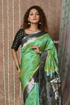 Tyohaar ~ Handloom Pure Silk Muniya Border Paithani Saree with Traditional Radha Krishna Pallu ~ Starlight Green - verymuchindian.com