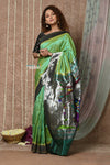 Tyohaar ~ Handloom Pure Silk Muniya Border Paithani Saree with Traditional Radha Krishna Pallu ~ Starlight Green - verymuchindian.com