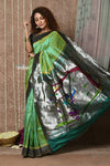 Tyohaar ~ Handloom Pure Silk Muniya Border Paithani Saree with Traditional Radha Krishna Pallu ~ Starlight Green - verymuchindian.com