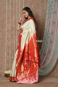 Tyohaar ~ Handloom Pure Silk Muniya Paithani Saree in All Over Zari Tissue Line with Traditional Parrot Pallu ~ White - verymuchindian.com