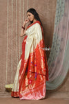 Tyohaar ~ Handloom Pure Silk Muniya Paithani Saree in All Over Zari Tissue Line with Traditional Parrot Pallu ~ White - verymuchindian.com