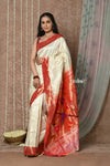 Tyohaar ~ Handloom Pure Silk Muniya Paithani Saree in All Over Zari Tissue Line with Traditional Parrot Pallu ~ White - verymuchindian.com