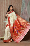 Tyohaar ~ Handloom Pure Silk Muniya Paithani Saree in All Over Zari Tissue Line with Traditional Parrot Pallu ~ White - verymuchindian.com