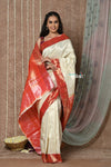 Tyohaar ~ Handloom Pure Silk Muniya Paithani Saree in All Over Zari Tissue Line with Traditional Parrot Pallu ~ White - verymuchindian.com