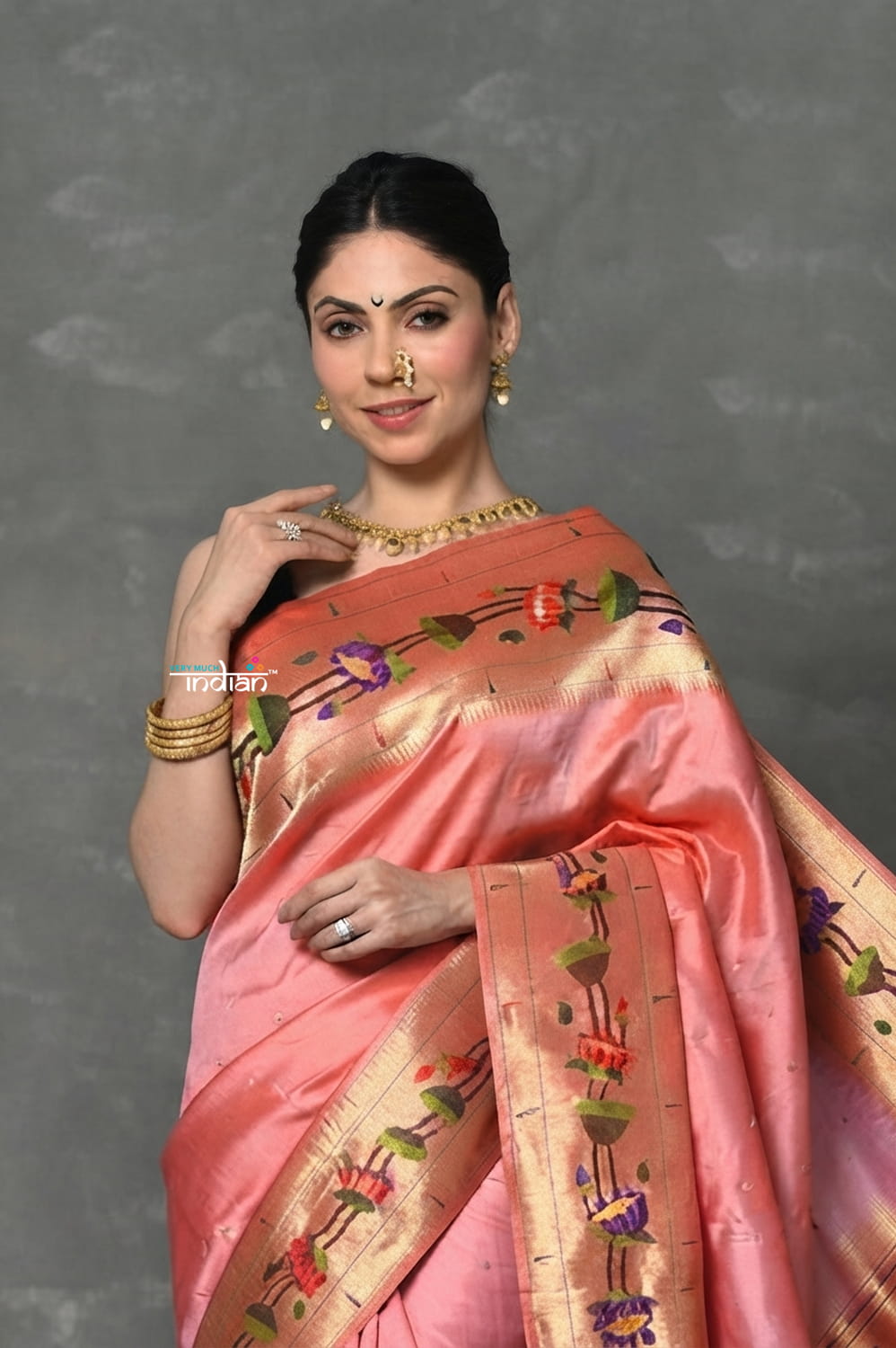 Tyohaar~ Handloom Pure Silk Muniya With Lotus Border and Lotus Pallu in Blush Pink - verymuchindian.com