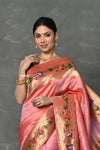 Tyohaar~ Handloom Pure Silk Muniya With Lotus Border and Lotus Pallu in Blush Pink - verymuchindian.com