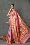 Tyohaar~ Handloom Pure Silk Muniya With Lotus Border and Lotus Pallu in Blush Pink - verymuchindian.com