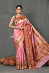 Tyohaar~ Handloom Pure Silk Muniya With Lotus Border and Lotus Pallu in Blush Pink - verymuchindian.com