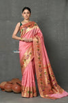 Tyohaar~ Handloom Pure Silk Muniya With Lotus Border and Lotus Pallu in Blush Pink - verymuchindian.com