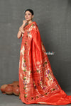 Tyohaar~ Handloom Pure Silk Muniya With Lotus Border and Lotus Pallu in Orange - verymuchindian.com