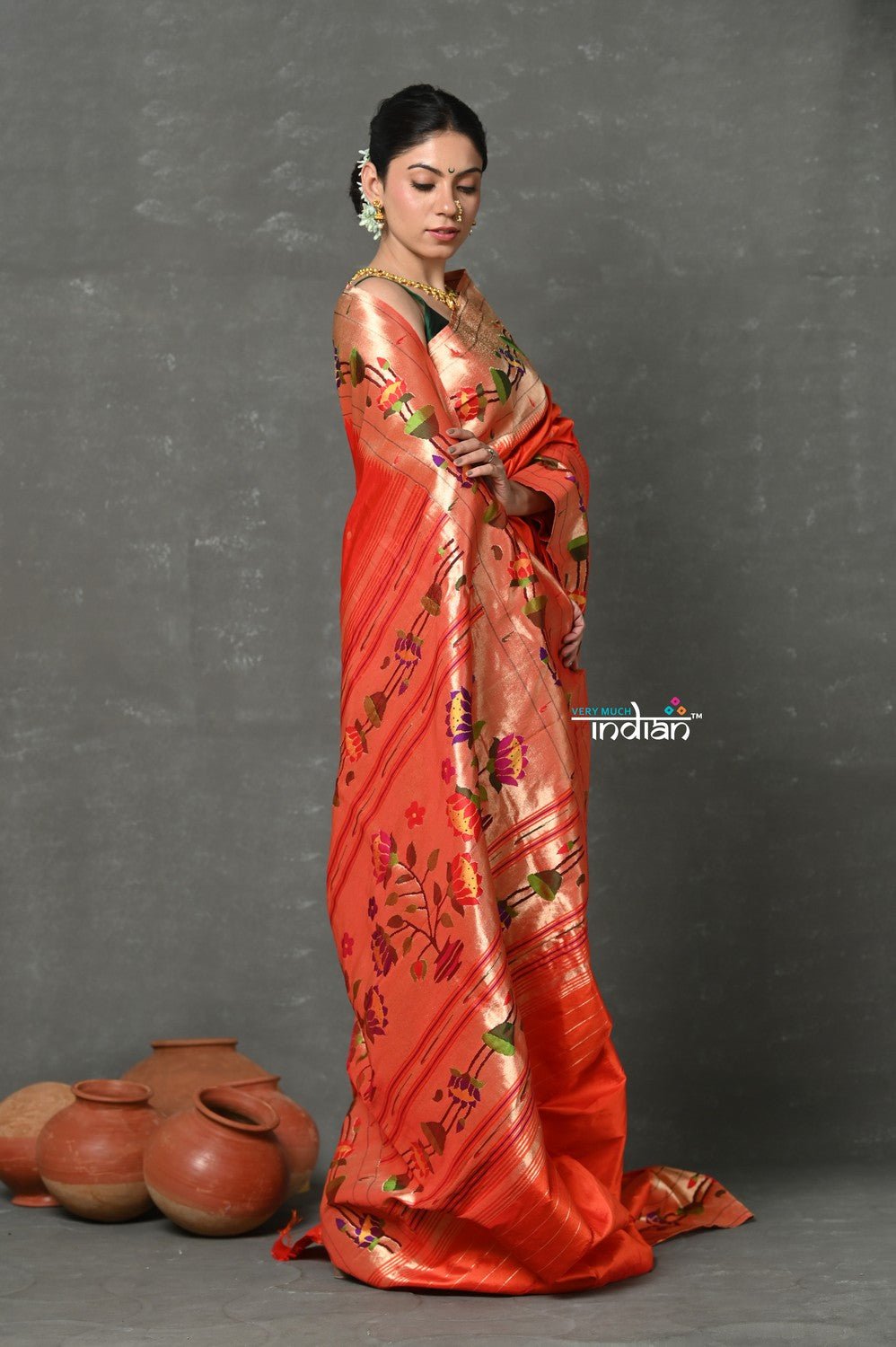 Tyohaar~ Handloom Pure Silk Muniya With Lotus Border and Lotus Pallu in Orange - verymuchindian.com