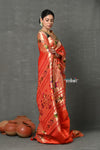 Tyohaar~ Handloom Pure Silk Muniya With Lotus Border and Lotus Pallu in Orange - verymuchindian.com