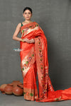 Tyohaar~ Handloom Pure Silk Muniya With Lotus Border and Lotus Pallu in Orange - verymuchindian.com