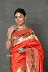 Tyohaar~ Handloom Pure Silk Muniya With Lotus Border and Lotus Pallu in Orange - verymuchindian.com