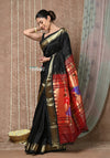 Tyohaar ~ Handloom Pure Silk Paithani Saree with Handcrafted Peacock Floral Pallu ~ Black (By Government Certified Weavers) - verymuchindian.com