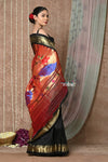Tyohaar ~ Handloom Pure Silk Paithani Saree with Handcrafted Peacock Floral Pallu ~ Black (By Government Certified Weavers) - verymuchindian.com