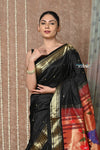 Tyohaar ~ Handloom Pure Silk Paithani Saree with Handcrafted Peacock Floral Pallu ~ Black (By Government Certified Weavers) - verymuchindian.com