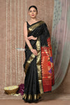 Tyohaar ~ Handloom Pure Silk Paithani Saree with Handcrafted Peacock Floral Pallu ~ Black (By Government Certified Weavers) - verymuchindian.com