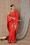 Tyohaar ~ Handloom Pure Silk Paithani Saree with Handcrafted Peacock Pallu ~ Bright Red (By Government Certified Weavers) - verymuchindian.com