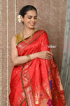 Tyohaar ~ Handloom Pure Silk Paithani Saree with Handcrafted Peacock Pallu ~ Bright Red (By Government Certified Weavers) - verymuchindian.com