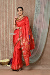 Tyohaar ~ Handloom Pure Silk Paithani Saree with Handcrafted Peacock Pallu ~ Bright Red (By Government Certified Weavers) - verymuchindian.com