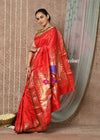 Tyohaar ~ Handloom Pure Silk Paithani Saree with Handcrafted Peacock Pallu ~ Bright Red (By Government Certified Weavers) - verymuchindian.com
