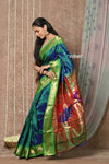 Tyohaar ~ Handloom Pure Silk Paithani Saree with Handcrafted Peacock Pallu ~ Dual Tone Blue Green (By Government Certified Weavers) - verymuchindian.com