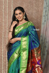 Tyohaar ~ Handloom Pure Silk Paithani Saree with Handcrafted Peacock Pallu ~ Dual Tone Blue Green (By Government Certified Weavers) - verymuchindian.com