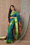 Tyohaar ~ Handloom Pure Silk Paithani Saree with Handcrafted Peacock Pallu ~ Dual Tone Blue Green (By Government Certified Weavers) - verymuchindian.com