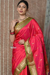 Tyohaar ~ Handloom Pure Silk Paithani Saree with Handcrafted Peacock Pallu ~ Peach Pink (By Government Certified Weavers) - verymuchindian.com