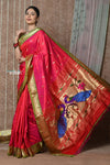 Tyohaar ~ Handloom Pure Silk Paithani Saree with Handcrafted Peacock Pallu ~ Peach Pink (By Government Certified Weavers) - verymuchindian.com