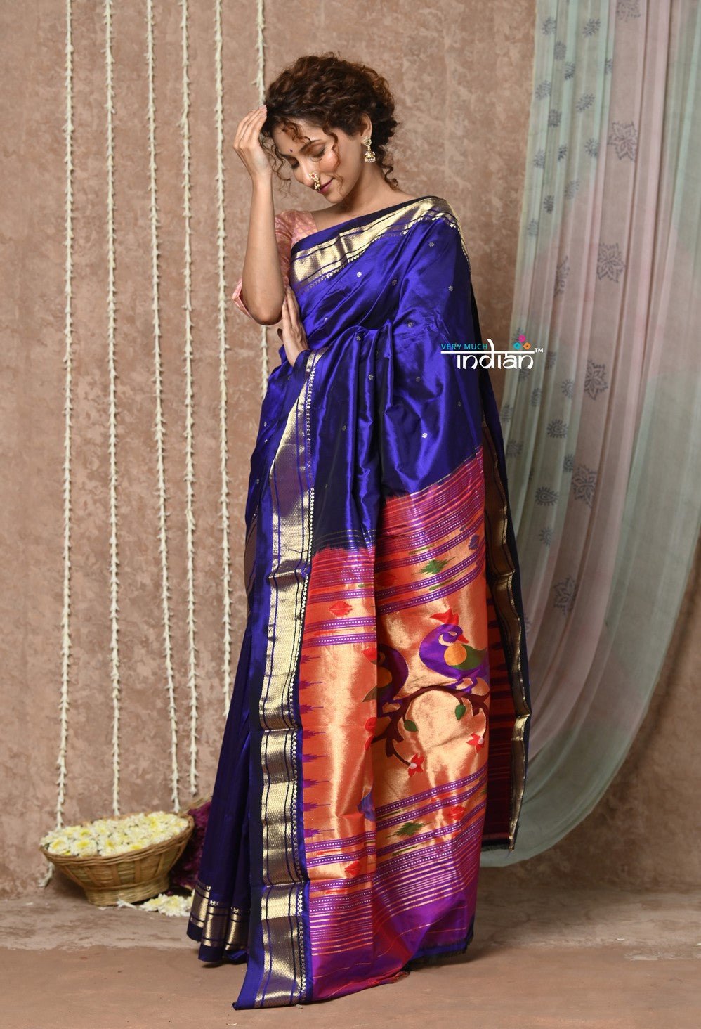 Tyohaar ~ Handloom Pure Silk Paithani Saree with Handcrafted Peacock Pallu ~ Royal Blue (By Government Certified Weavers) - verymuchindian.com