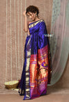 Tyohaar ~ Handloom Pure Silk Paithani Saree with Handcrafted Peacock Pallu ~ Royal Blue (By Government Certified Weavers) - verymuchindian.com