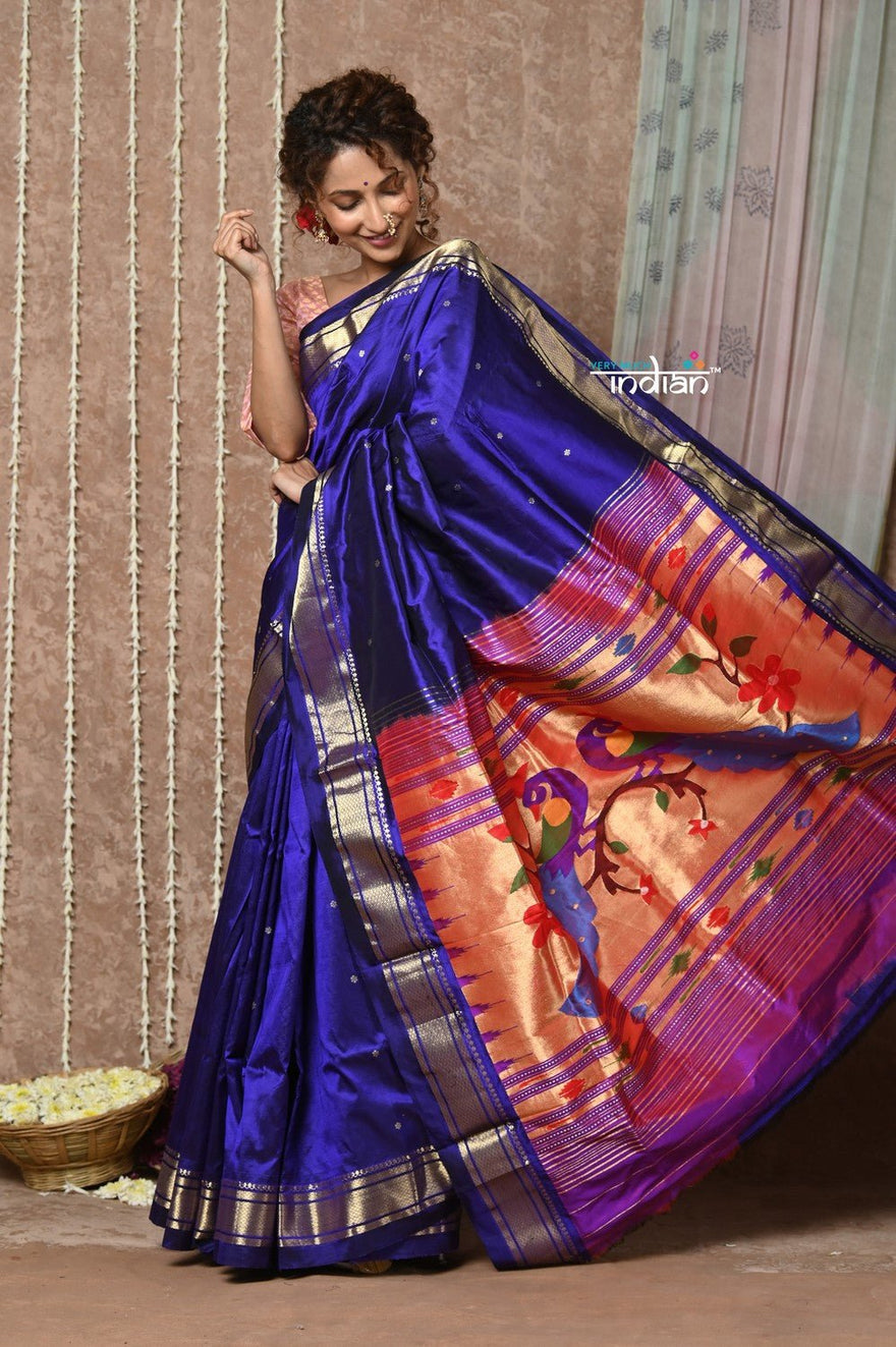 Tyohaar ~ Handloom Pure Silk Paithani Saree with Handcrafted Peacock Pallu ~ Royal Blue (By Government Certified Weavers) - verymuchindian.com