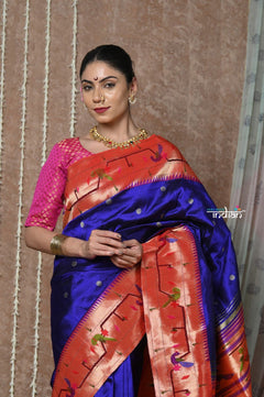 Tyohaar ~ Handloom Pure Silk Paithani Saree with Handcrafted Traditional Pallu~ Royal Blue - verymuchindian.com